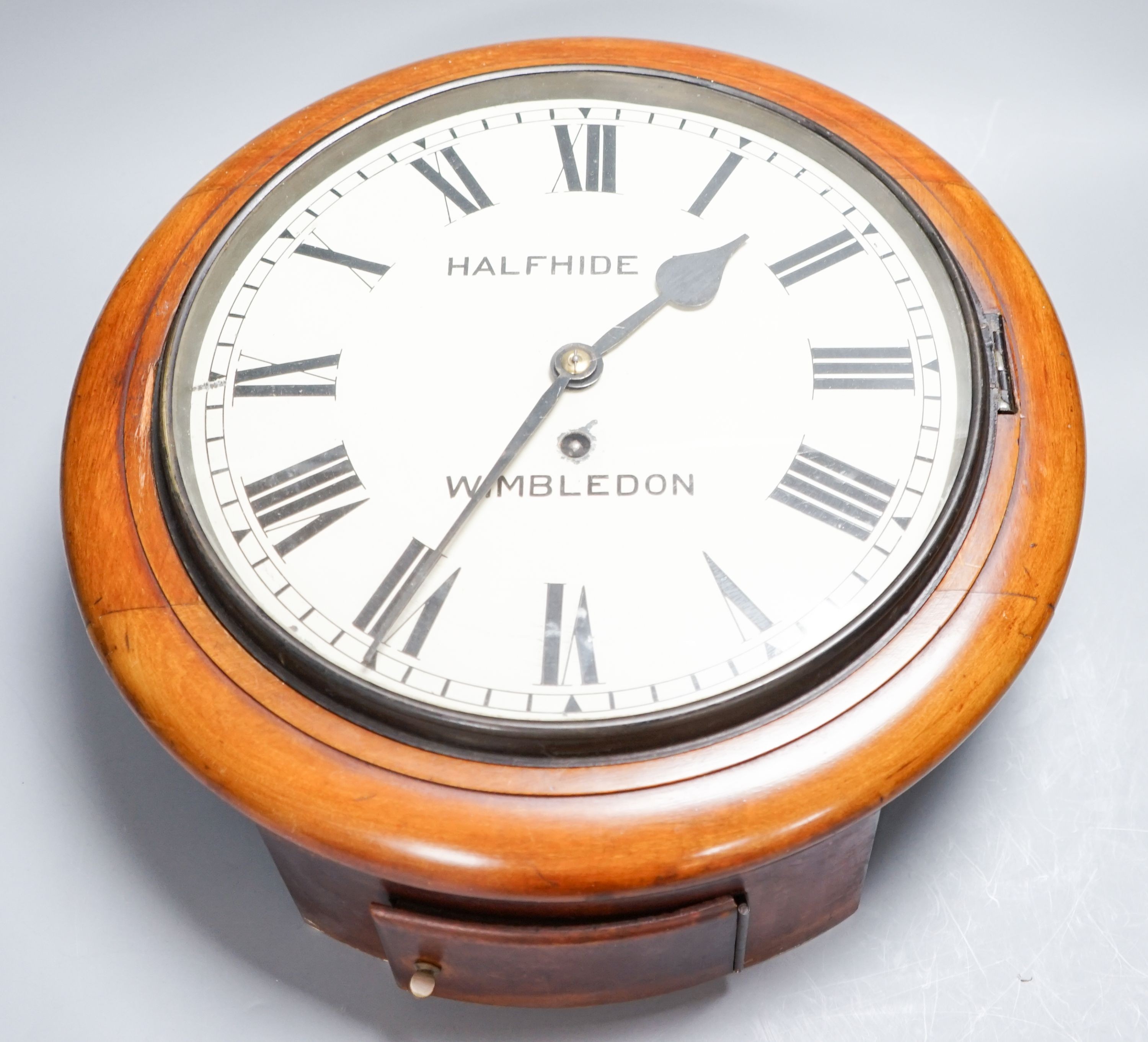 An early 20th century mahogany wall dial timepiece, Halfhide Wimbledon, German movement, 39.5 cm diameter